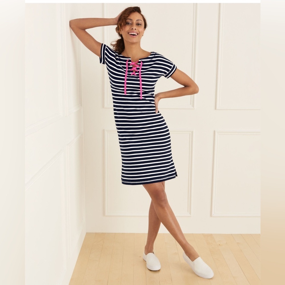 Talbots Saltwater Navy and White Striped Dress with Pink Accent XS